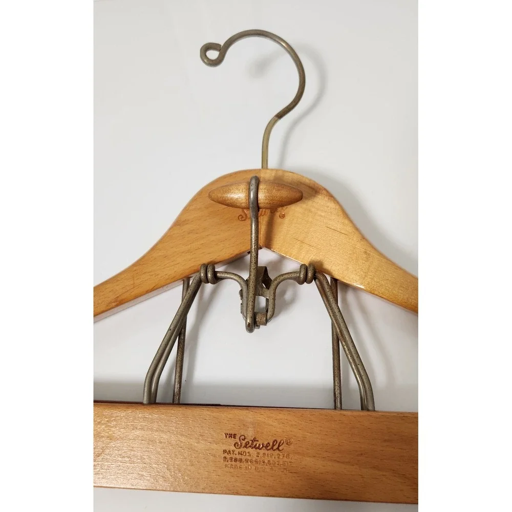 Vintage Setwell Wood Suit Hanger Wishbone Clamp Coat Pants Made USA Heavy Duty